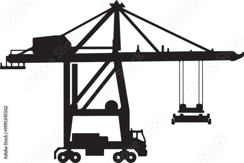 Industrial crane, construction equipment, black silhouette, vector icon, heavy machinery