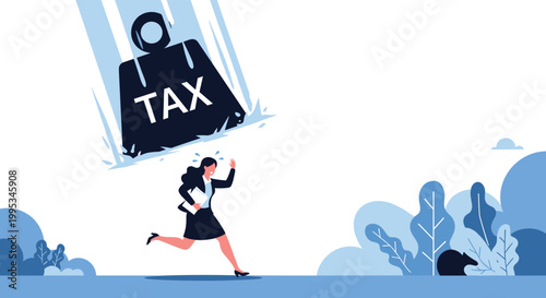Businesswoman running in panic as a giant weight labeled tax falls from the sky during economic crisis.