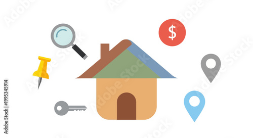 House with location and finance icons.