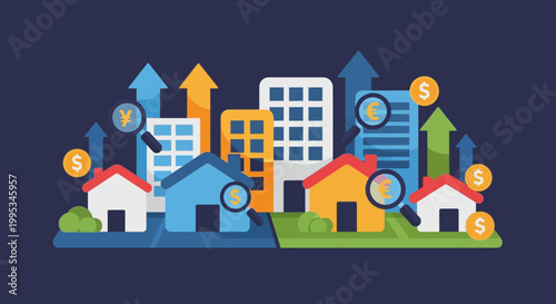 Houses and buildings with growth symbols.