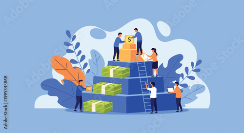 Corporate team members working together to build a large pyramid made of stacks of cash and gold boxes.