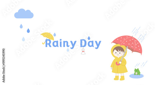 梅雨の背景イラスト　梅雨バナー　梅雨素材　雨の日　フレーム　水滴　蛙　傘　