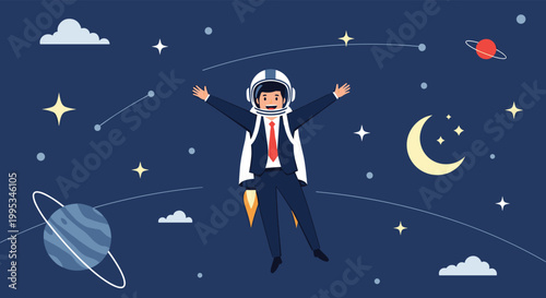 Adventurous businessman flying through deep space with a rocket jetpack among planets stars and crescent moon.