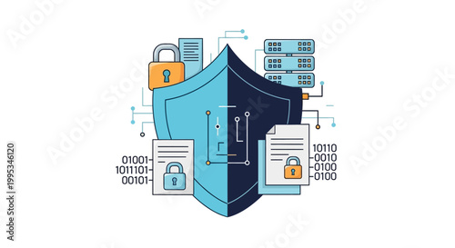 Shield with lock and digital data.