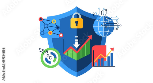 Shield with padlock and graphs icons.