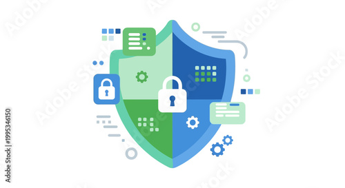 Shield with padlock and icons.