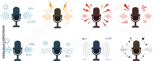 Microphone Sound Wave Icon Set with Audio Recording, Podcast, Voice Levels, Noise and Signal Visualization in Modern Flat Vector Illustration