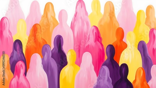 Vibrant abstract crowd of people in pink purple orange and yellow hues