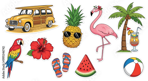Tropical summer vacation vector elements, vintage woody surf car and pink flamingo icons, exotic beach party clip art set with pineapple and parrot