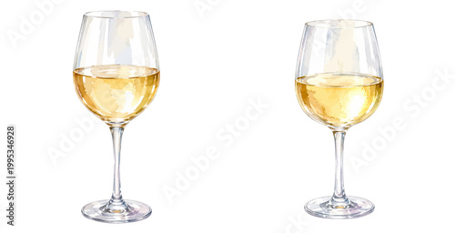 A refined watercolor collection of white wine glasses featuring elegant transparent glassware filled with golden wine in a clean minimal composition illustrated in a natural realistic style.