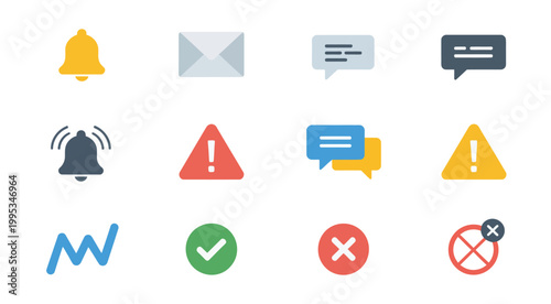 Notification icon set flat design, messages alerts warnings and status indicators with clean modern UI symbols minimal vector illustration