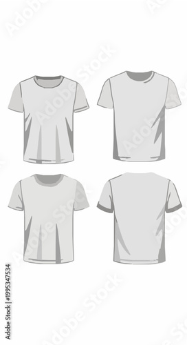 :
A detailed vector illustration of a t-shirt mockup set featuring front, side, and back views in a slightly angled perspective on a solid white background. The shirts include realistic folds, soft sh