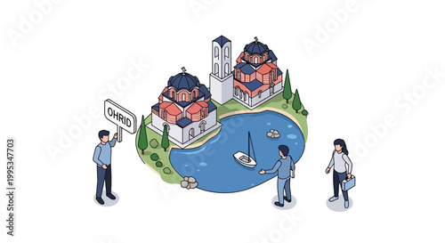 Isometric Illustration of Ohrid City with People and Buildings.