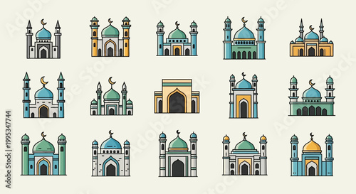 Colorful mosque architecture icons.
