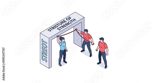 Isometric illustration of three people and strength training concept.