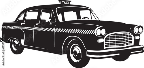 Vintage taxi, classic car, black and white illustration, taxi icon