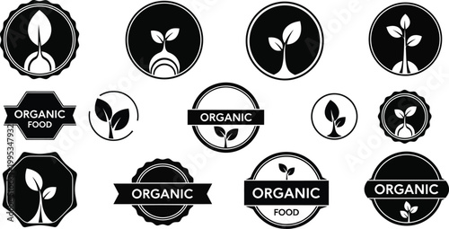 Modern collection of 10 eco-friendly organic food seals and stamps, ideal for branding, packaging, and sustainable marketing campaigns.