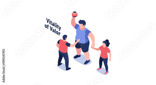 Isometric illustration of three people celebrating a victory with a trophy.