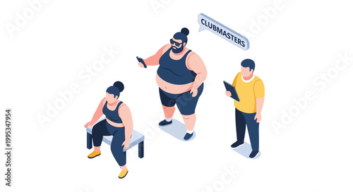 Isometric illustration of fitness instructor with two clients during workout session.