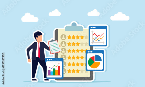 Businessman holding document near app interface with charts and checklist board with star ratings illustration of employee KPI assessment based on performance data