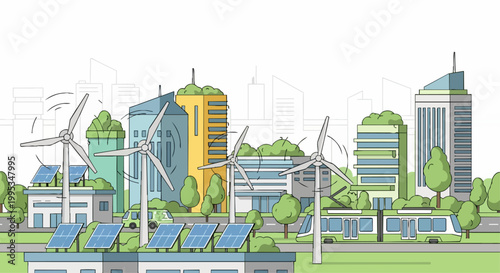 Sustainable cityscape depicting renewable energy sources and green initiatives