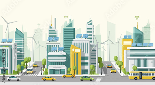 Modern cityscape with sustainable technologies and transportation