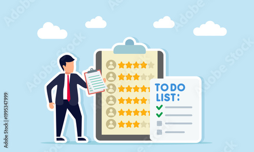 Businessman holding document near to do list and checklist board with star ratings illustration of employee KPI assessment based on task completion performance