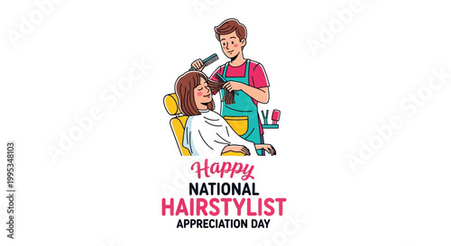 A vector illustration showing a smiling hairdresser styling a client's hair with a comb in a bright salon setting, depicting a beauty salon service and the hair care service concept
