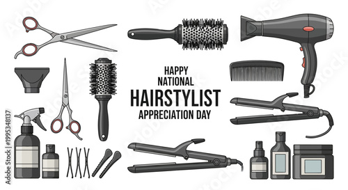 Overhead vector illustration celebrating hairstylist appreciation day, displaying various salon tools like scissors, combs, and hair dryers against a clean background, conveying a beauty