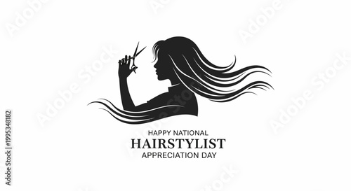Elegant vector illustration celebrating hairstylist appreciation day with a silhouette of a woman with flowing hair holding scissors, set against a clean white background