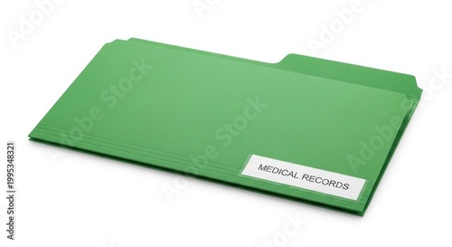 A green medical records folder with a label on a white background