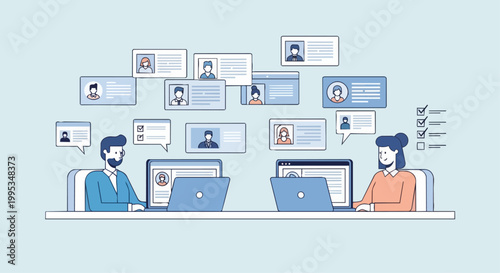 People using laptops analyzing digital profiles and information