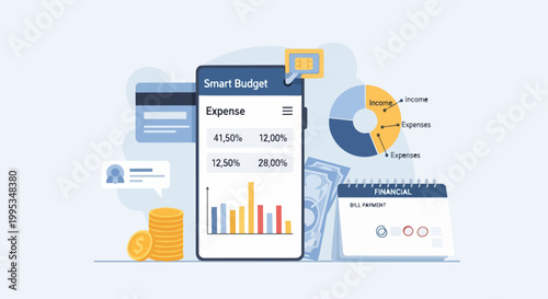 Financial technology smart budgeting illustration with phone and data visualization