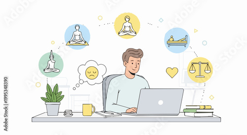 Man working on laptop with icons representing well being balance and health
