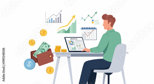 Man analyzing finance data on laptop with growth charts and money
