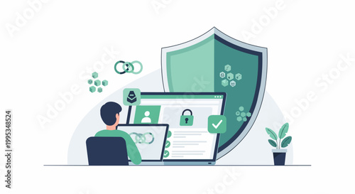 Digital security illustration with shield laptop and user