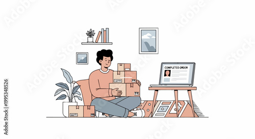 Man sitting with packages near laptop e commerce delivery illustration