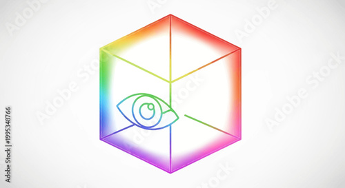 A vibrant rainbow-colored wireframe cube with a watchful eye, symbolizing digital perception and