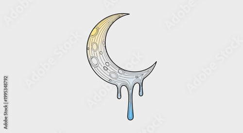 A whimsical crescent moon illustration gradually melting into colorful liquid drops symbolizing