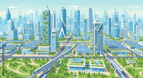 Modern cityscape with futuristic buildings and transportation systems
