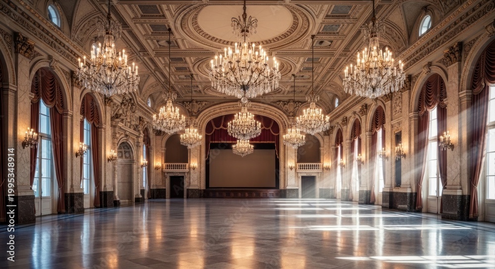 Fototapeta premium Elegant empty ballroom with chandeliers.