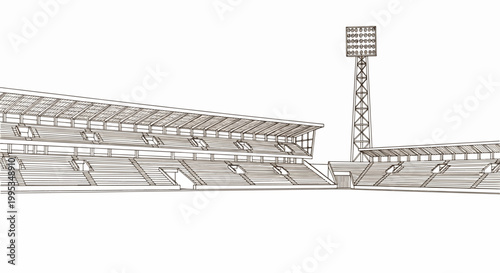 Sketch of empty stadium seating and floodlight tower