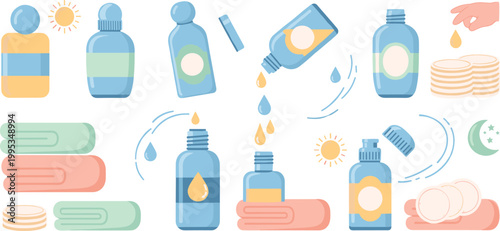 Skincare Routine Vector Set with Cosmetic Bottles, Oil Drops, Towels, Cotton Pads and Day Night Application Steps for Beauty Care Illustration