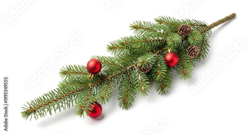 A festive arrangement of evergreen branch adorned with red ornaments and pinecones