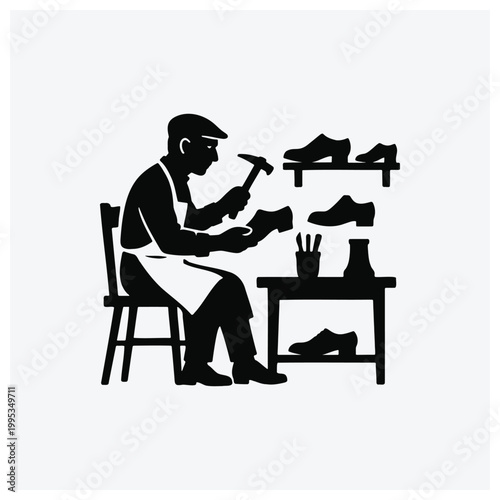 A craftsman shoemaker working at a bench with shoes