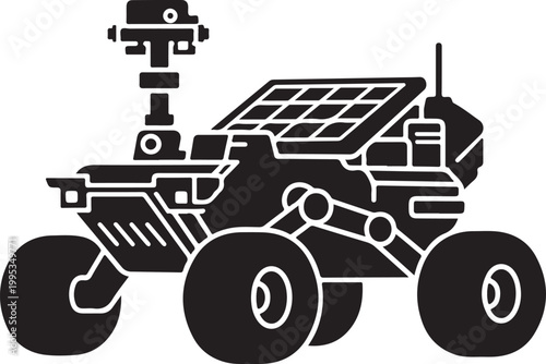 Black, robotic rover vehicle, solar panel, space exploration, robotic design