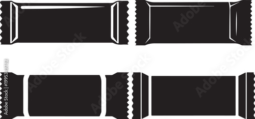 A stark rectangular chocolate bar wrapper is prominently displayed against a pure white background creating a bold silhouette. Stark rectangular chocolate bar vector illustration.