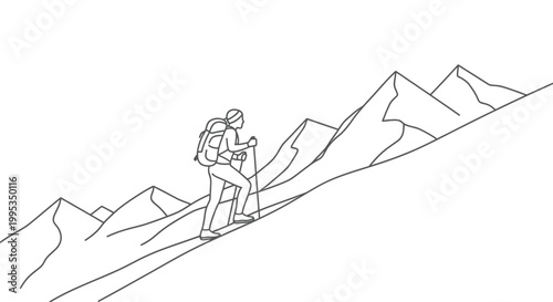 Vector illustration of an active mountain climber with a backpack using trekking poles to ascend a steep rocky slope while exploring the rugged wilderness landscape in this minimalist line art design 