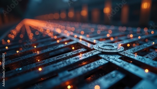 Abstract Digital Network Grid with Glowing Orange Data Streams and Dark Futuristic Urban Background symbolizing