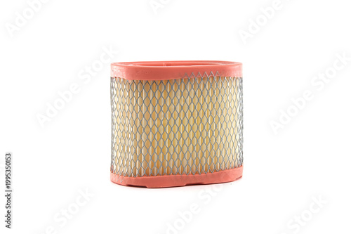 Automotive air filter with orange rubber seal and metal mesh on white background